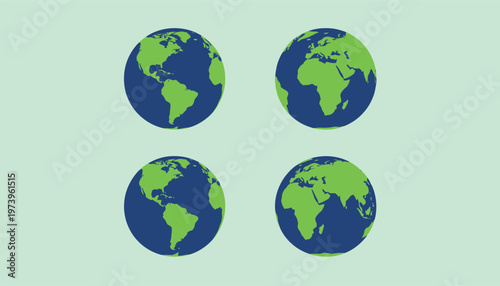 Minimalist earth globe vector set, flat world map icons, green and blue planet earth spheres