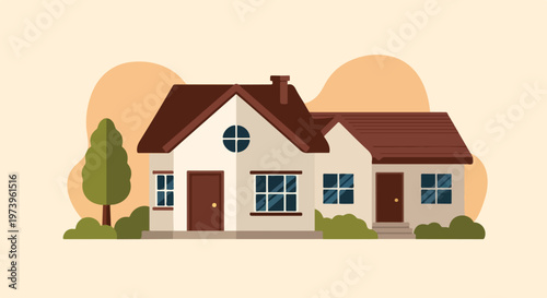 This flat vector illustration showcases a charming suburban house with brown roofing, cream-colored walls, and neatly manicured green shrubbery.