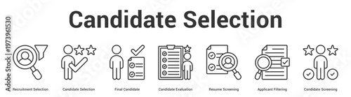 Candidate Selection web banner icon set vector illustration concept for business with icon of Recruitment Selection, Candidate Selection, Final Candidate, Candidate Evaluation, Resume Screeni.