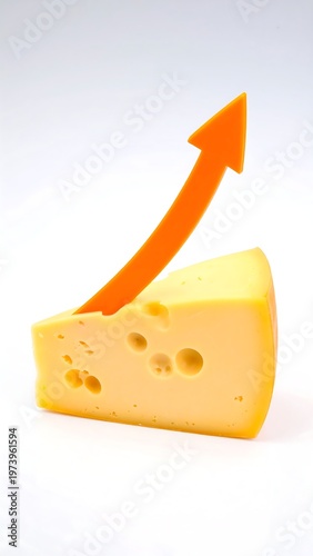 A wedge of cheese with holes and an upward orange arrow