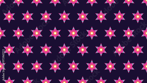 Seamless pattern, vibrant hot pink six-pointed geometric stars with yellow, white, and turquoise accents on a deep purple background. Modern, playful, festive vector ideal for wrapping