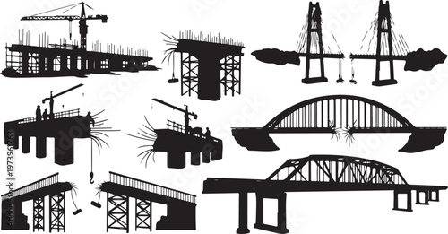 Construction Bridge Silhouettes with Cranes and Scaffolding Elements
