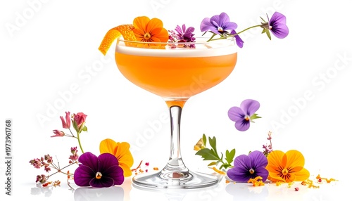 A vibrant orange cocktail garnished with flowers