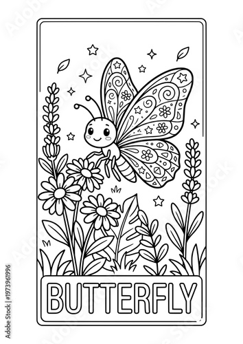 Cute butterfly on flowers coloring page for kids educational activity.