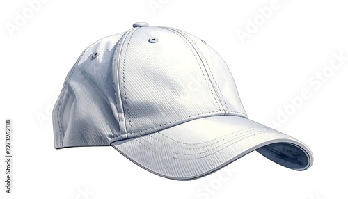 A white baseball cap with a curved brim and button on top