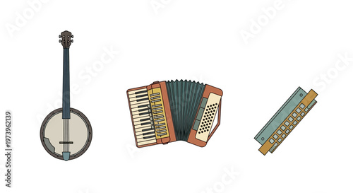 Banjo accordion and harmonica musical instruments.