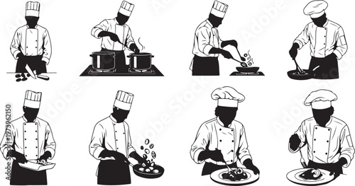 Set of chef illustrations in various cooking actions