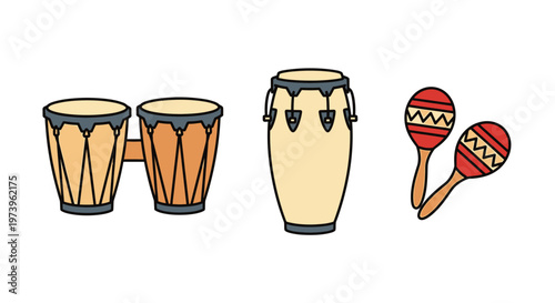 Colorful percussion instruments on white.