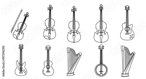 Various Musical Instruments Drawing Line Art.