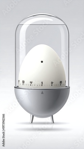 A white egg in a glass dome on a metallic base