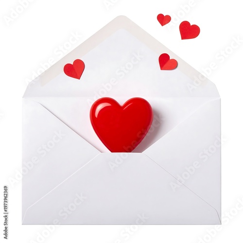 A white envelope with a large red heart inside and smaller hearts outside