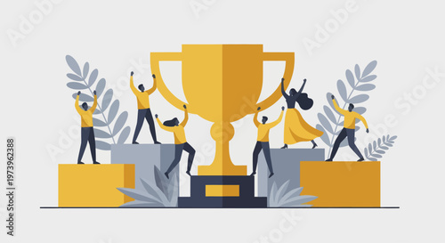 Team Celebrating Victory Around a Giant Golden Trophy.