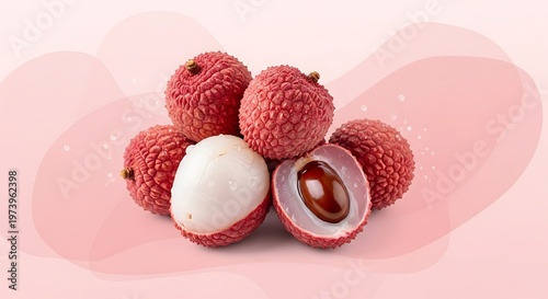 A vibrant pile of fresh lychees on a soft pink background