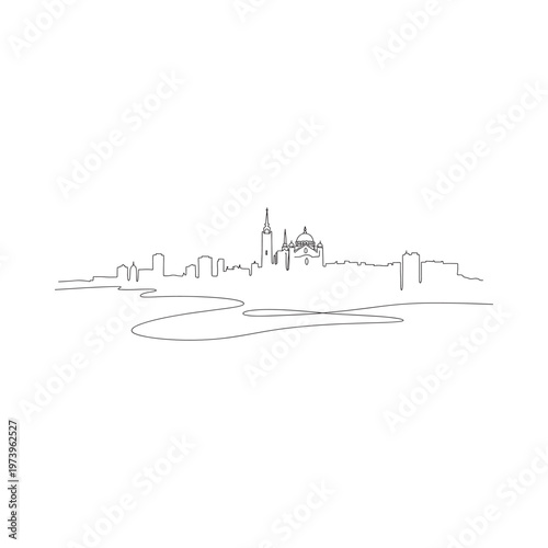 Minimalist one line drawing depicts a city skyline with a prominent dome