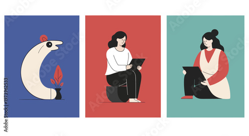 Three distinct illustrations featuring a llama and two women engaged in reading or working.