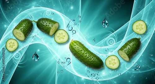 A creative illustration of sliced cucumbers in a futuristic water design