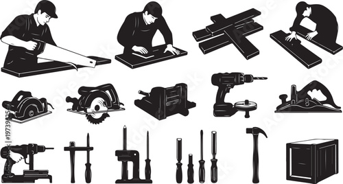 Construction workers with tools and equipment silhouettes