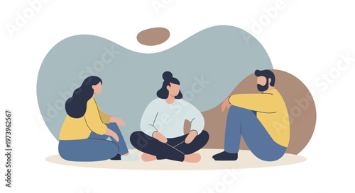 Three diverse individuals engaging in a group discussion or therapy session.