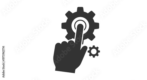 Vector graphic illustration showing a human hand icon interacting with a large gear mechanism symbolizing crucial system settings or configuration adjustments.