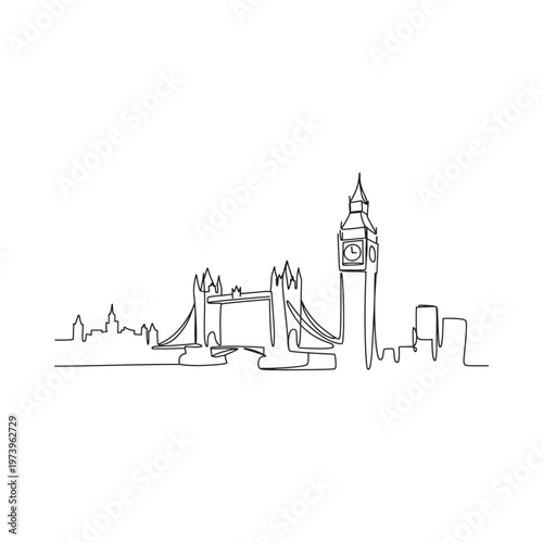 Continuous line drawing of london s iconic skyline featuring big ben and tower bridge