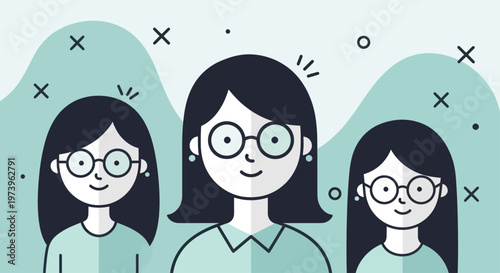 Three women with glasses smiling together in a group portrait.