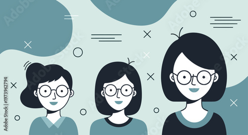 Three women of different ages wearing glasses and smiling.