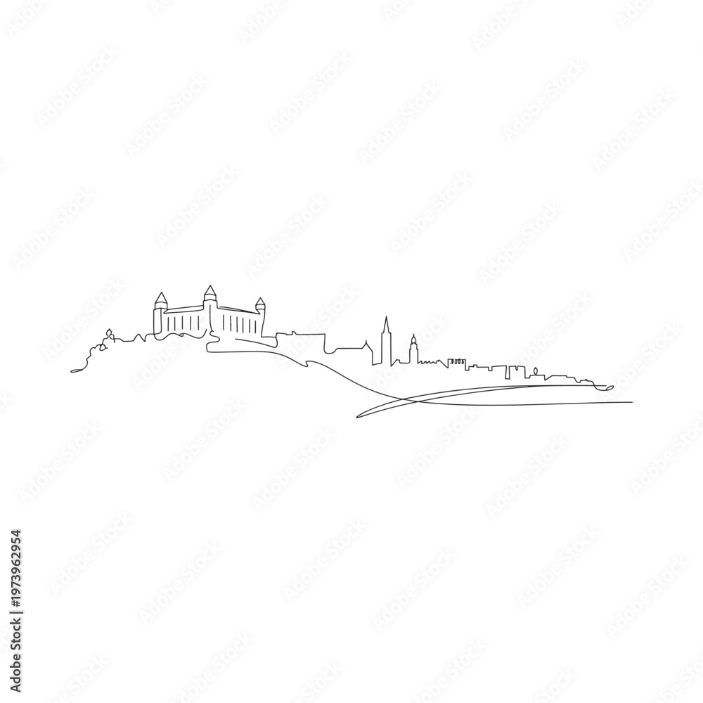 Obraz premium Minimalist line drawing of a castle and city skyline illustration