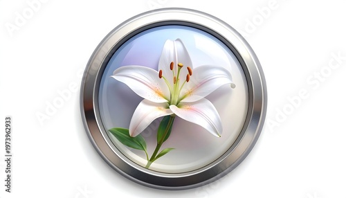 A white lily flower in a silver-rimmed circular frame on white
