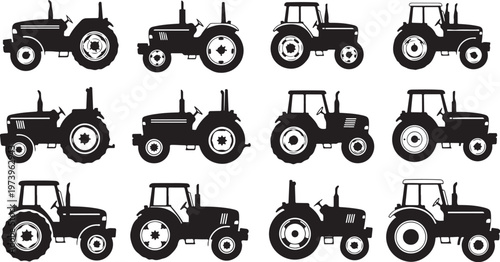 Tractors in Various Positions and Angles Silhouette