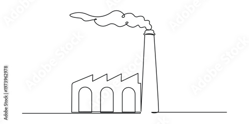 Minimalist single line drawing of an industrial factory building with a tall smoking chimney