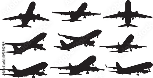 Airplane Silhouettes in Various Flight Positions and Angles