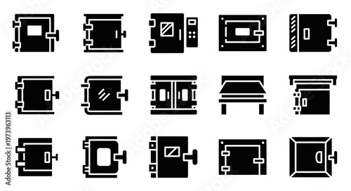 Film, camera, video, and TV icons, 16 black and white vector graphics, media symbols, filmstrip illustrations