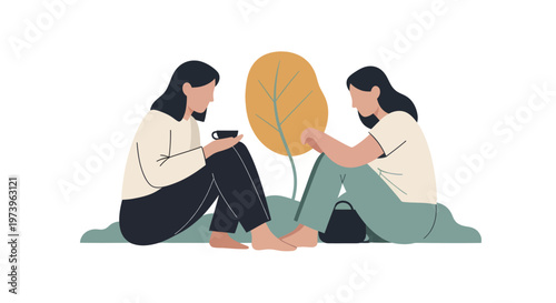 Two women sitting on the ground with a plant between them, engaged in quiet contemplation.