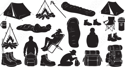 Camping Essentials and Outdoor Gear Vector Icons Set