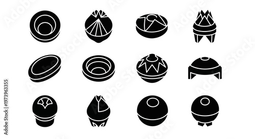 Black, white, vector icons of 12 space helmets, astronaut headgear, space suits, and head shields