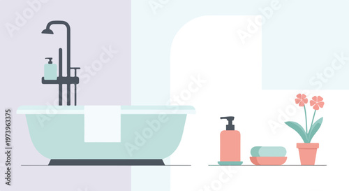 Minimalist flat vector illustration of a modern bathroom featuring a pale blue bathtub, sleek shower fixtures, soap accessories, and a potted plant.
