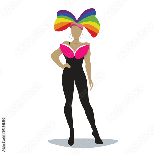 Modern fashion illustration of a confident transgender woman wearing a bold outfit with a colorful rainbow headpiece.Stylish vector artwork representing diversity and LGBTQ+ supporting concept