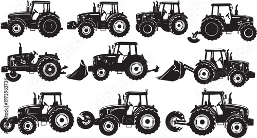 Tractors with various attachments in black and white illustration