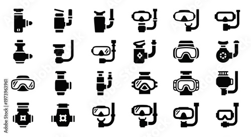 Diving, scuba diving icons, 25 black vector graphics, oxygen tank, regulator, goggles
