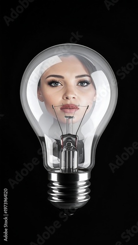 A woman's face inside a lightbulb against a black background