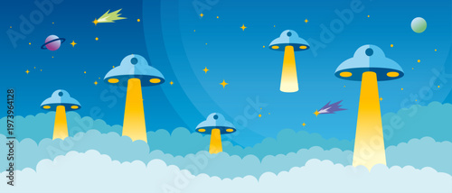 宇宙船が浮かぶ空のイラスト