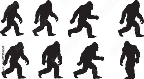 Bigfoot silhouettes walking in various poses and directions together