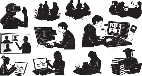 Online learning and remote work concept illustrations in black