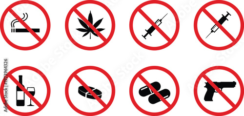 Prohibition sign set with 8 icons, red warning symbols for drugs, weapons and smoking