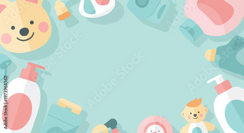 This flat vector illustration displays a border of baby essentials including lotion bottles, toys, and hygiene products on a blue backdrop.