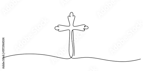 Minimalist continuous line drawing of a christian cross symbol on a plain white background area Vector, illustration