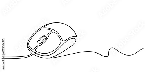 Minimalist continuous line drawing of a computer mouse with a wire on a clean white background. Vector, illustration