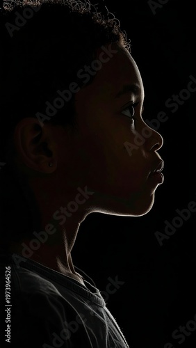 A young boy's profile against a dark background
