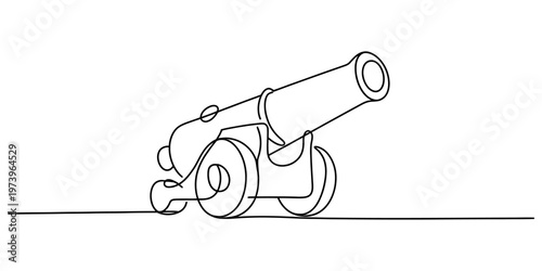 Minimalist one line drawing of a vintage artillery cannon on a simple white background surface. Vector, illustration