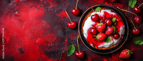 Sweet toast with white cream, red berry sauce, fresh strawberries, and cherries against a dynamic red textured backdrop